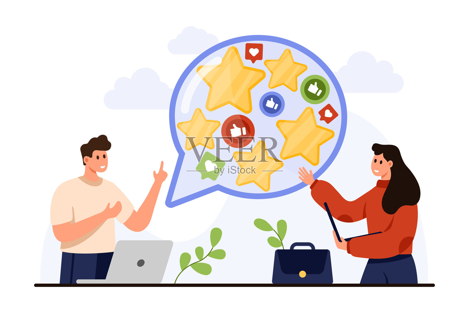 客户在线服务评价，人们阅读客户调查结果，积极反馈插画图片素材