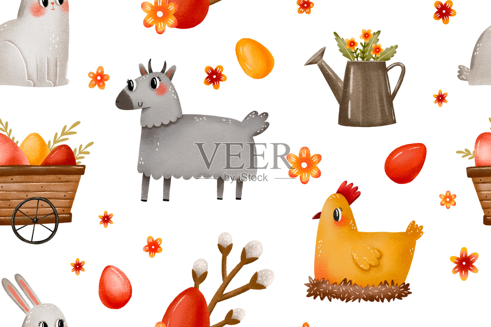 复活节动物无缝图案。农场牛、山羊、鸡、矮种鸡和装有鸡蛋的木车。复活节春季手绘背景。插画图片素材