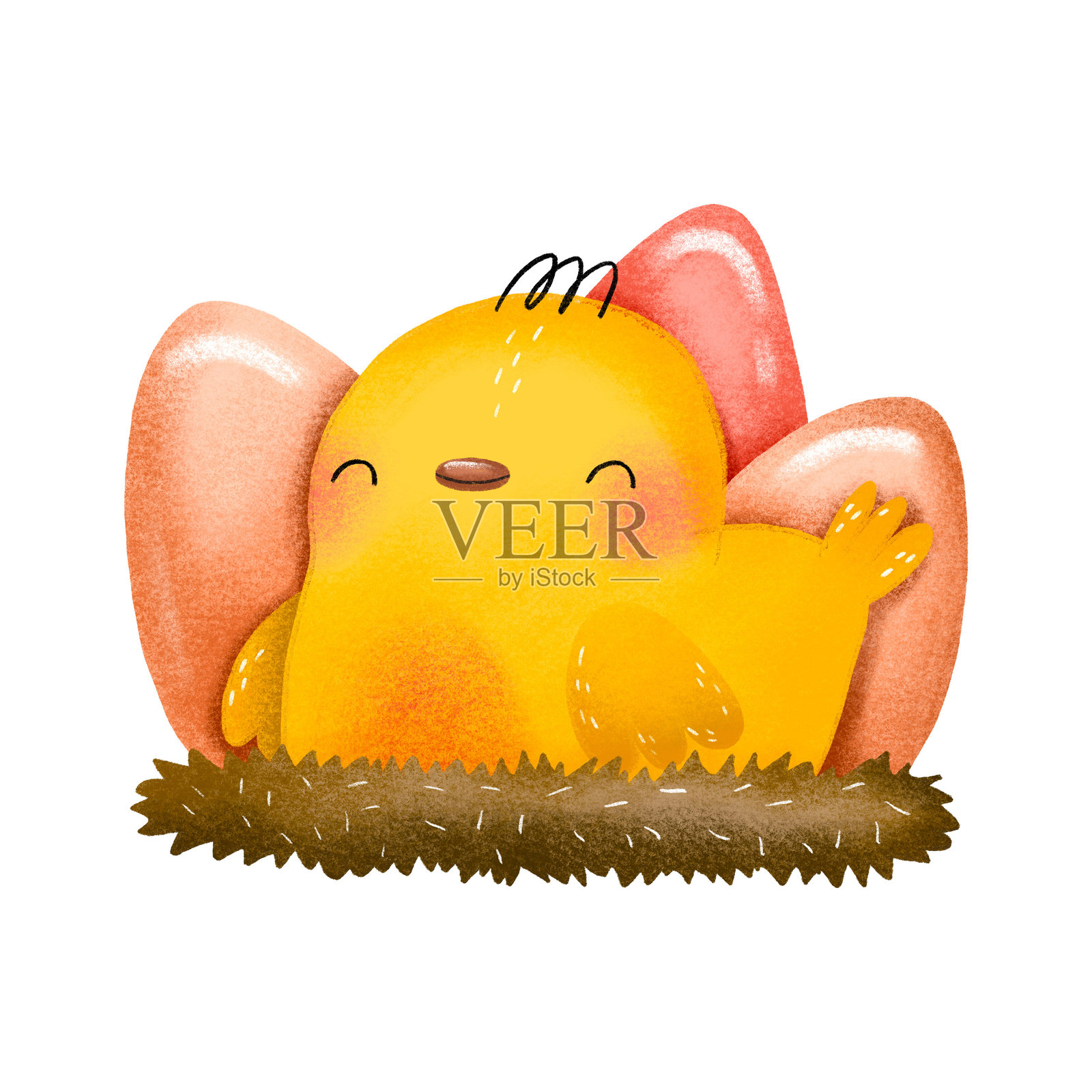 鸡在草堆和彩色鸡蛋上的巢里。复活节小鸡手绘插图，背景为纯色。复活节快乐插画图片素材