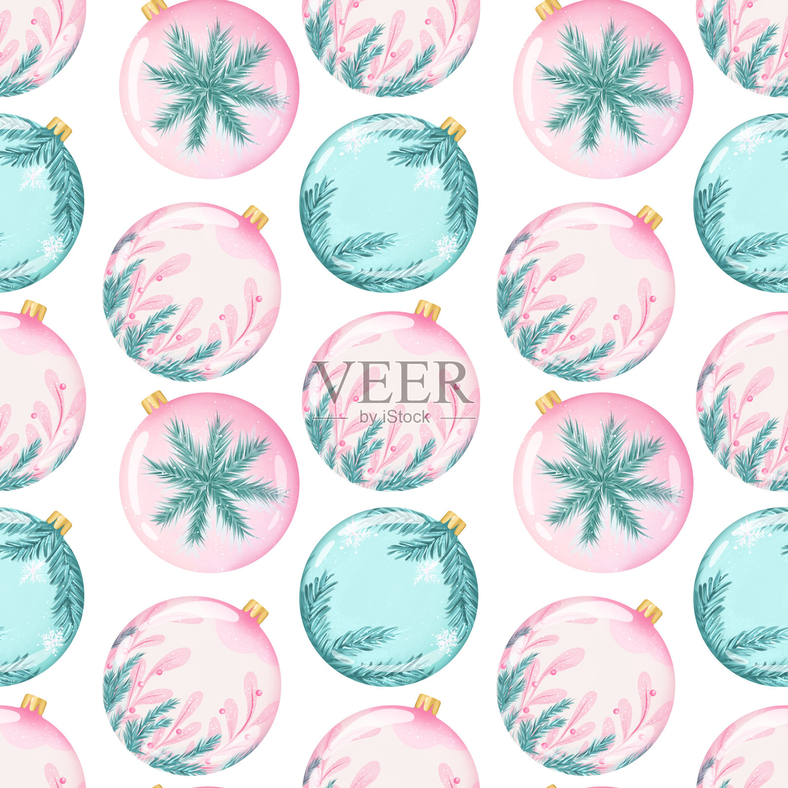 圣诞节无缝图案，粉色和绿色球体，精致的水彩插图，适合用作壁纸、纺织品或包装纸的白色背景。插画图片素材