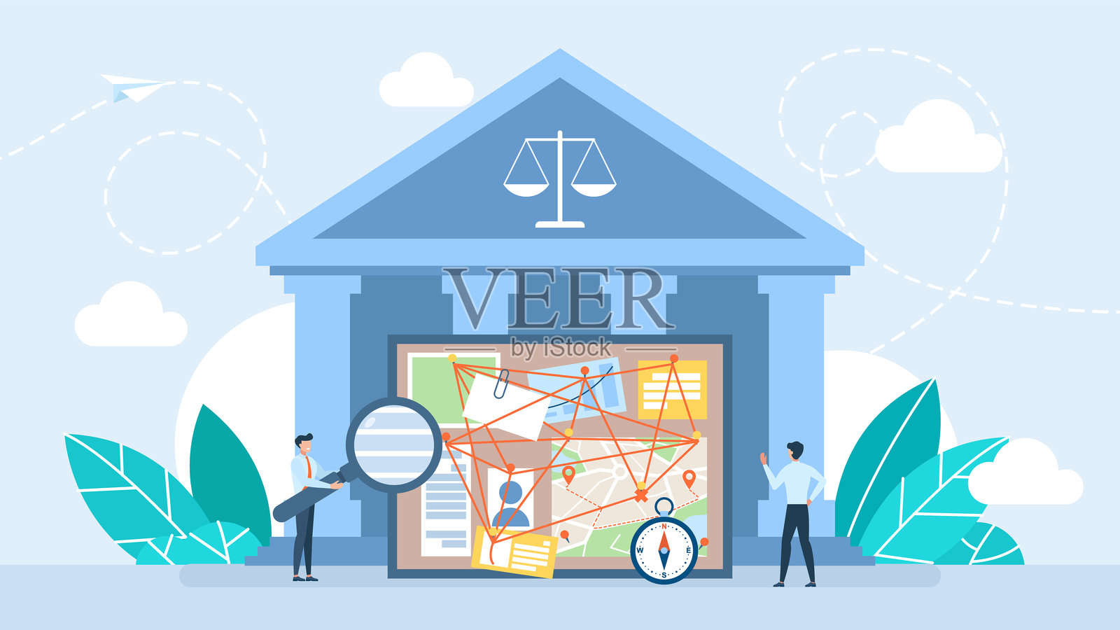 侦探，检察官在板上展示证据。阴谋论。法院大楼与法庭。审判过程。律师向法官发表演讲。扁平插图插画图片素材