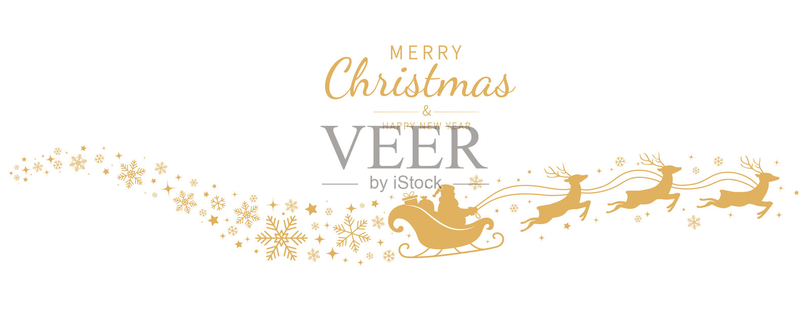 圣诞老人驾着飞翔的驯鹿雪橇。雪花和星星装饰元素。圣诞雪橇剪影。圣诞快乐横幅。矢量插图插画图片素材