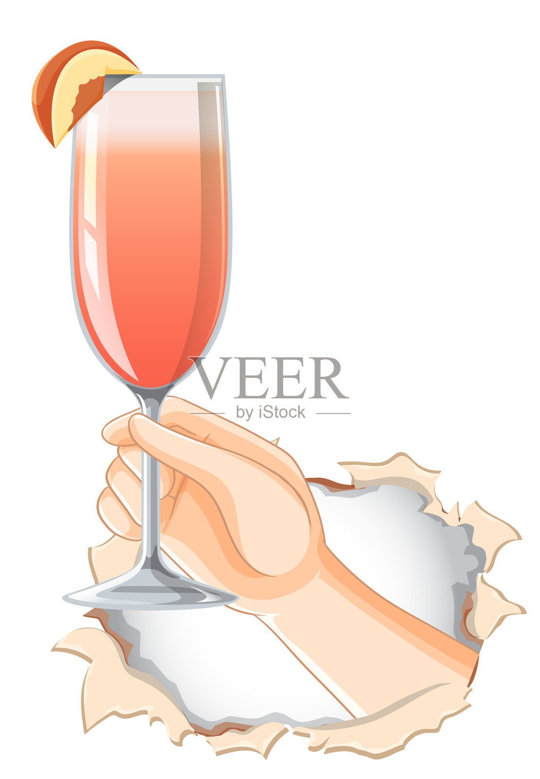 手握鸡尾酒穿过撕裂的纸张插画图片素材