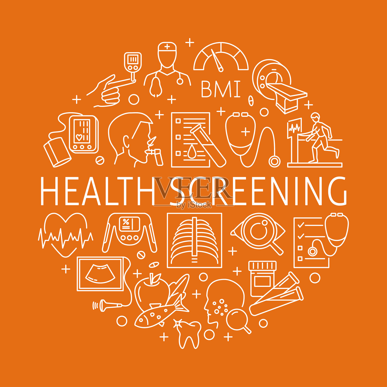 健康筛查圆形海报，线条风格插画图片素材