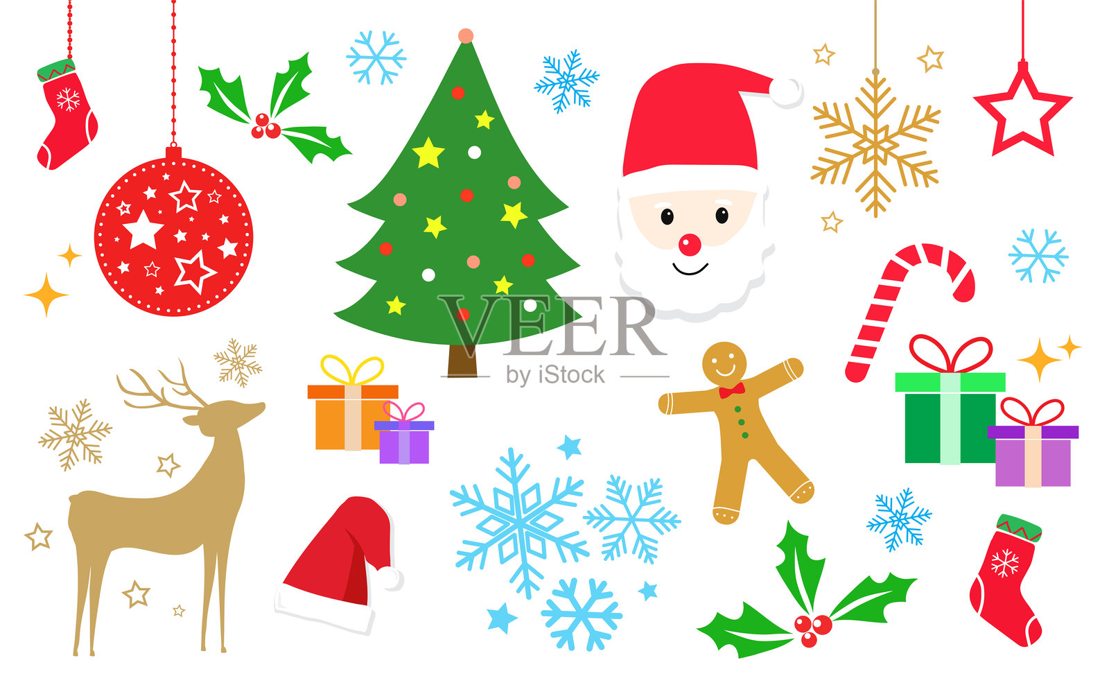 圣诞装饰品，包括圣诞老人、礼品盒、星星、驯鹿、雪花、糖果手杖、圣诞树、姜饼人、冬青浆果。圣诞横幅。装饰性圣诞节。圣诞快乐。插画图片素材
