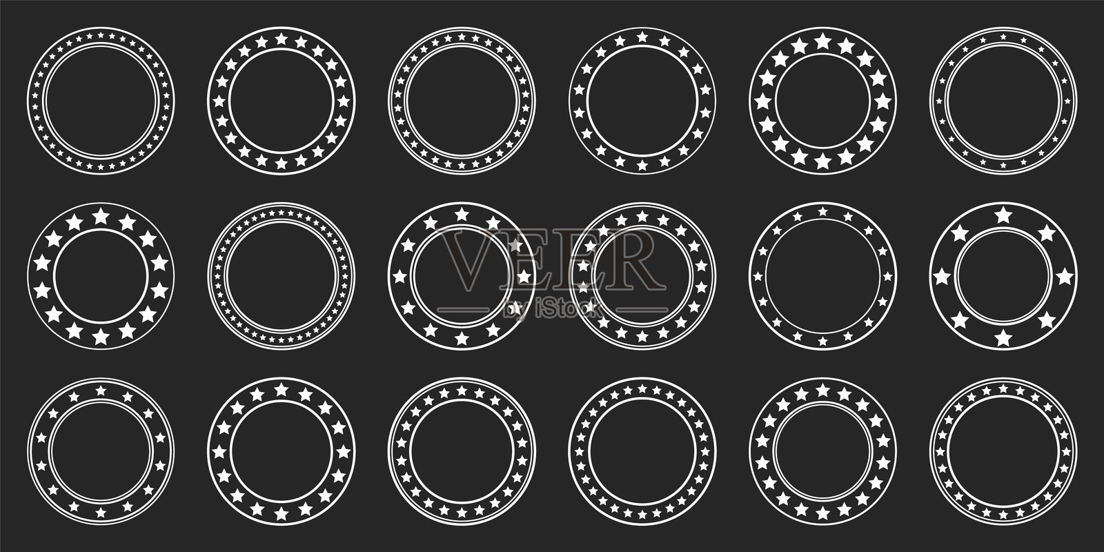 各种大小的星星排列成一个圆圈。圆形框架，边界。黑色星形，简单符号。复古标志，标志设计元素，装饰。矢量插图插画图片素材