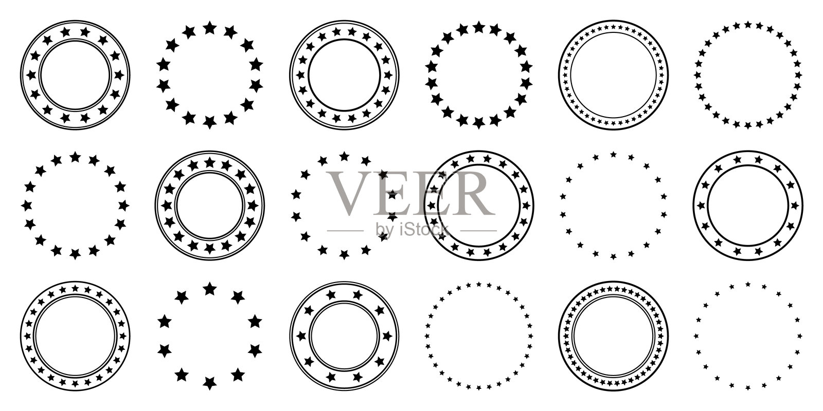 各种大小的星星排列成一个圆圈。圆形框架，边界。黑色星形，简单符号。复古标志，标志设计元素，装饰。矢量插图插画图片素材