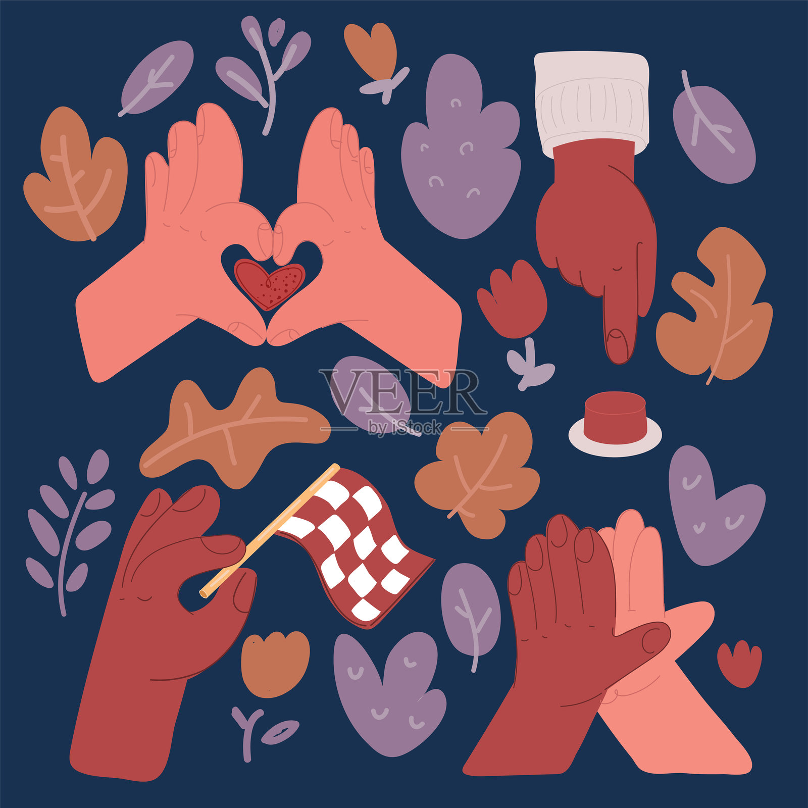 卡通矢量插图，手与手的概念，商业朋友击掌。完成的手，按钮按下。插画图片素材