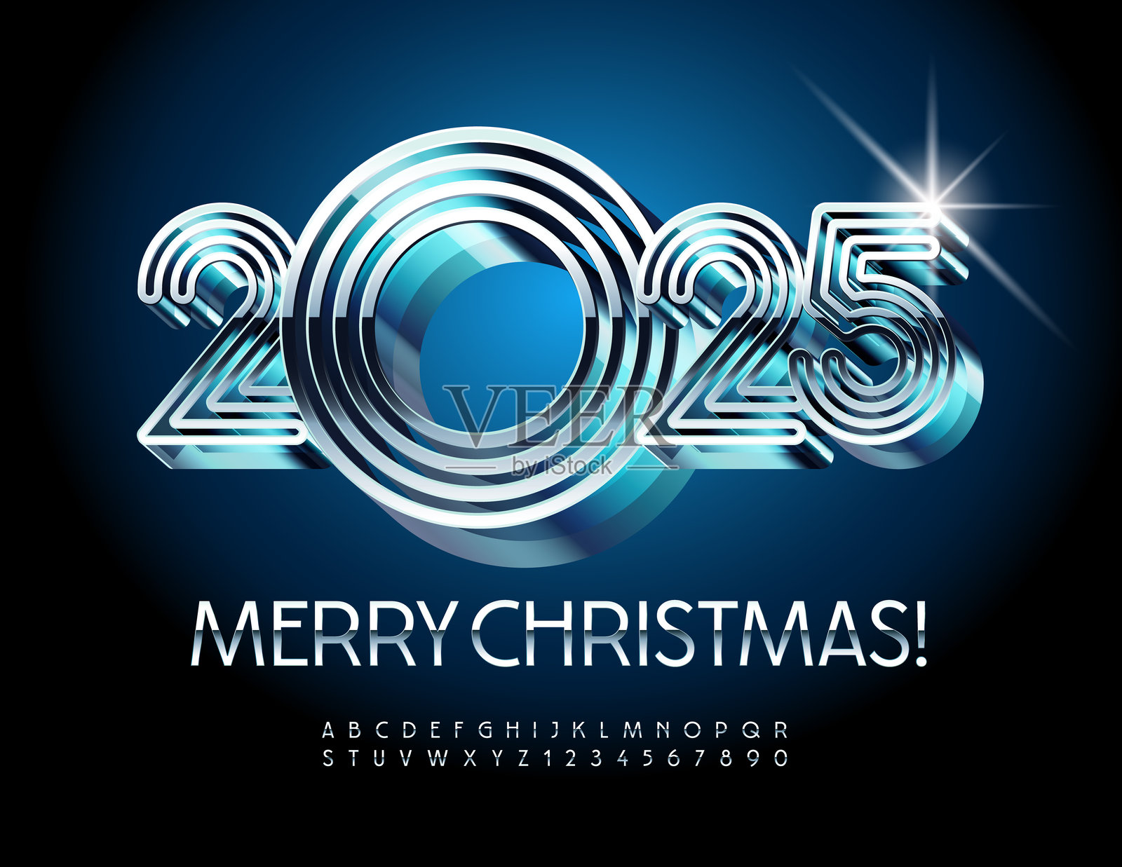 现代金属字母和数字组合的时尚贺卡，祝您2025年圣诞快乐！插画图片素材