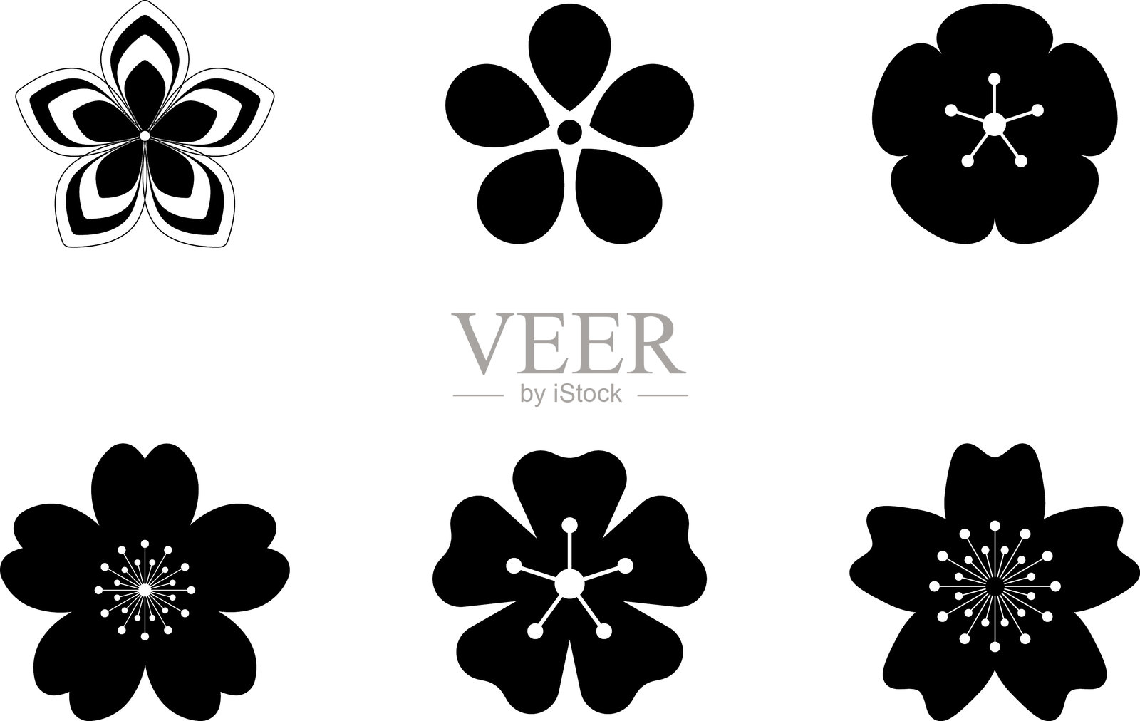 樱花图标集。日本樱花。樱花枝。花朵图标。植物。春天。矢量。插画图片素材