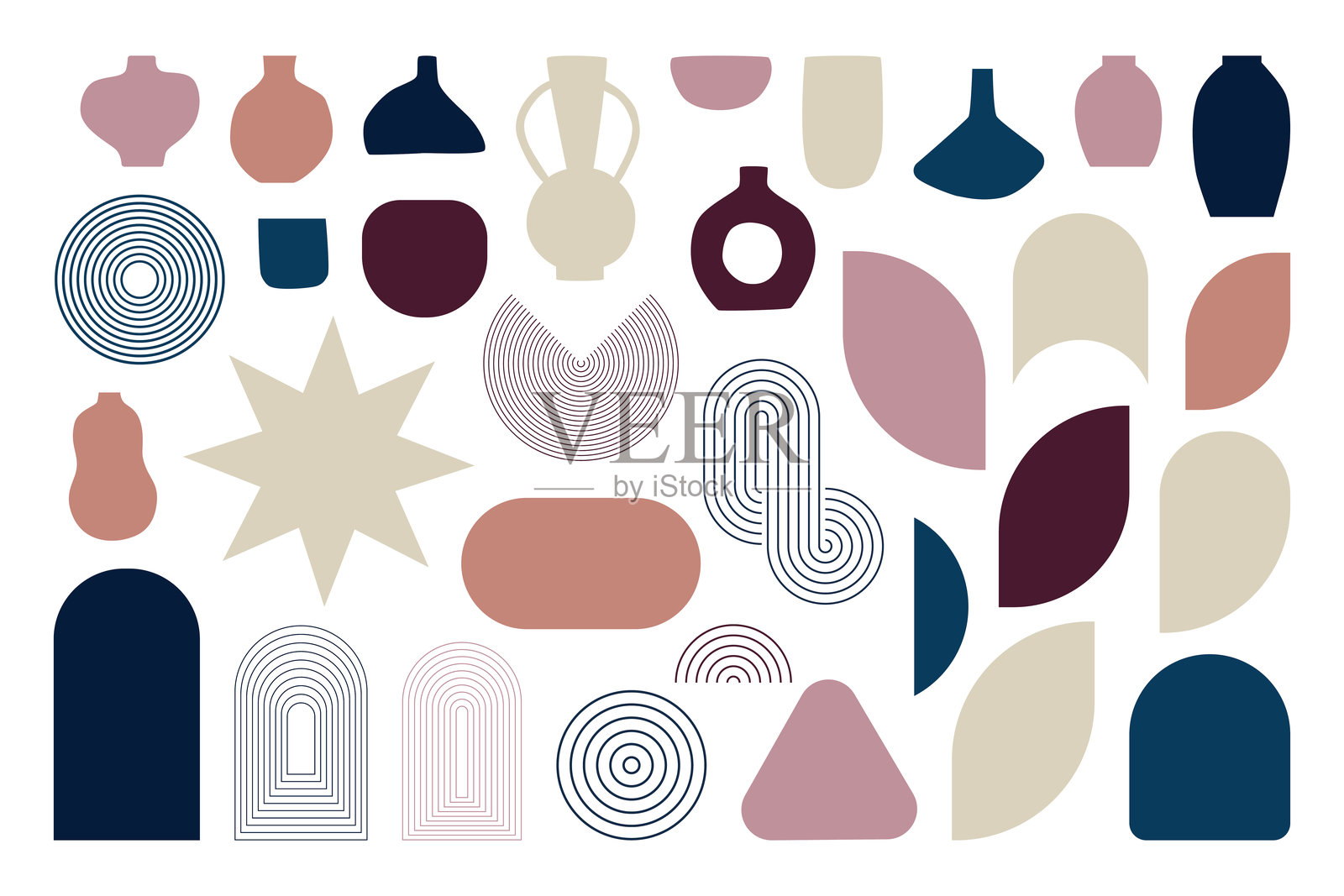 抽象的现代矢量图集，几何形状，花瓶和线性元素。Y2K美学的矢量图形。极简主义，粗犷，圆形，线条，现代风格的花卉。插画图片素材