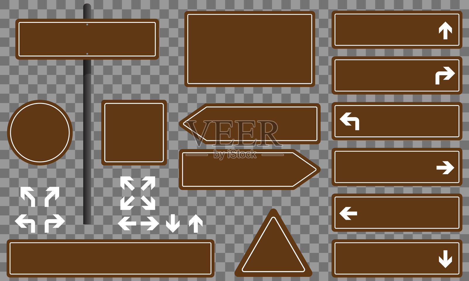 一组不同的棕色道路标志，背景为格子图案插画图片素材