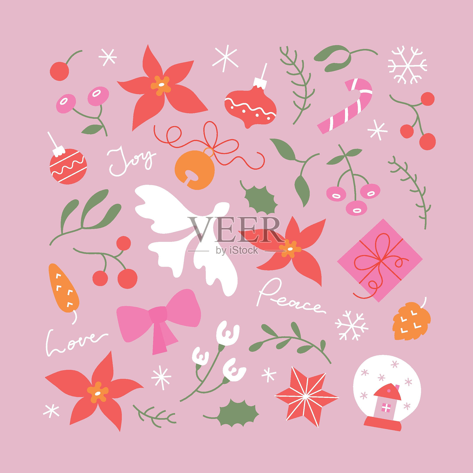 极简粉色复古元素剪贴画，包含传统圣诞符号。新年快乐，圣诞快乐冬季矢量元素。插画图片素材