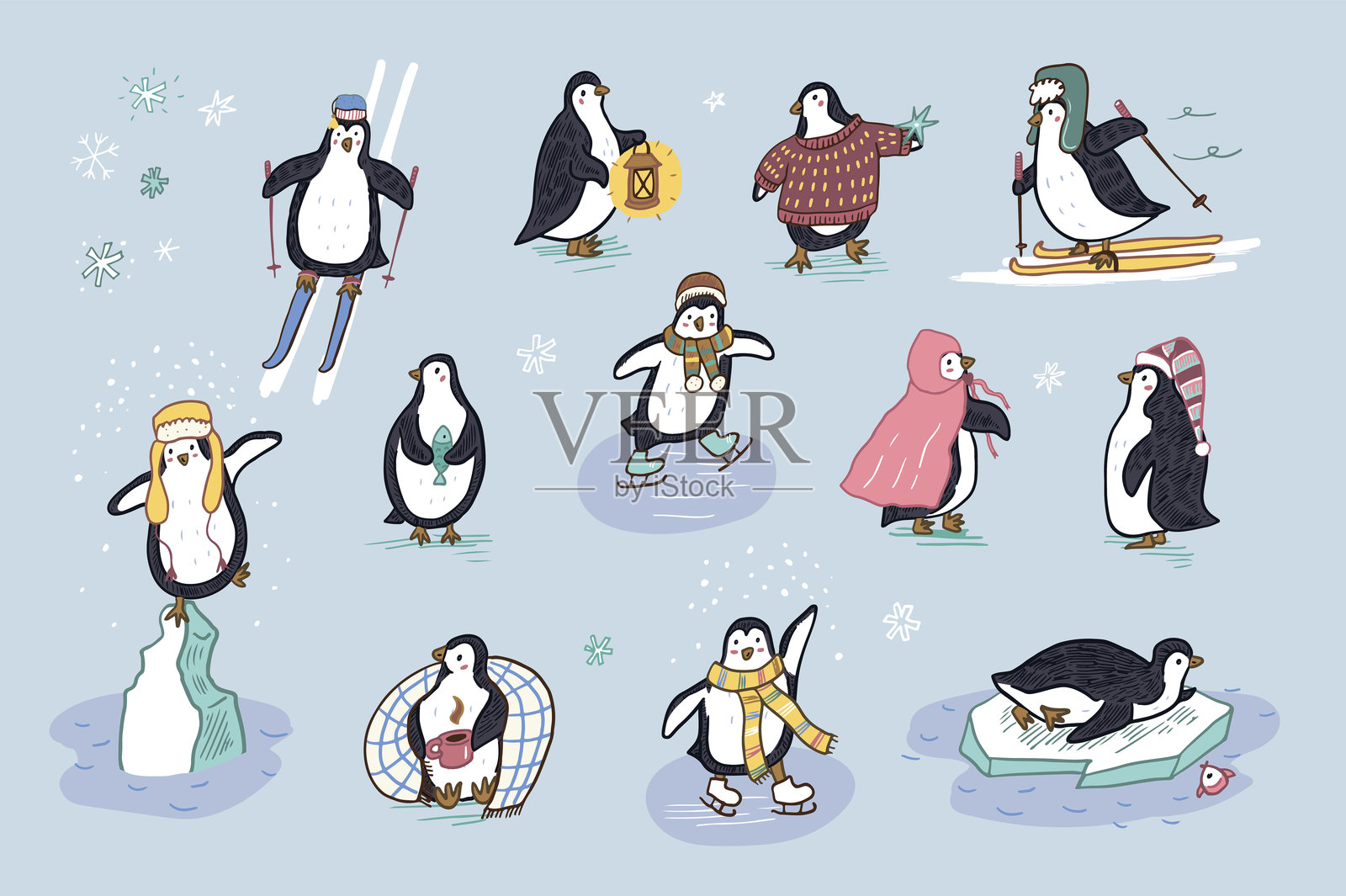 可爱的企鹅冬季假期活动。卡通风格的矢量插图。插画图片素材