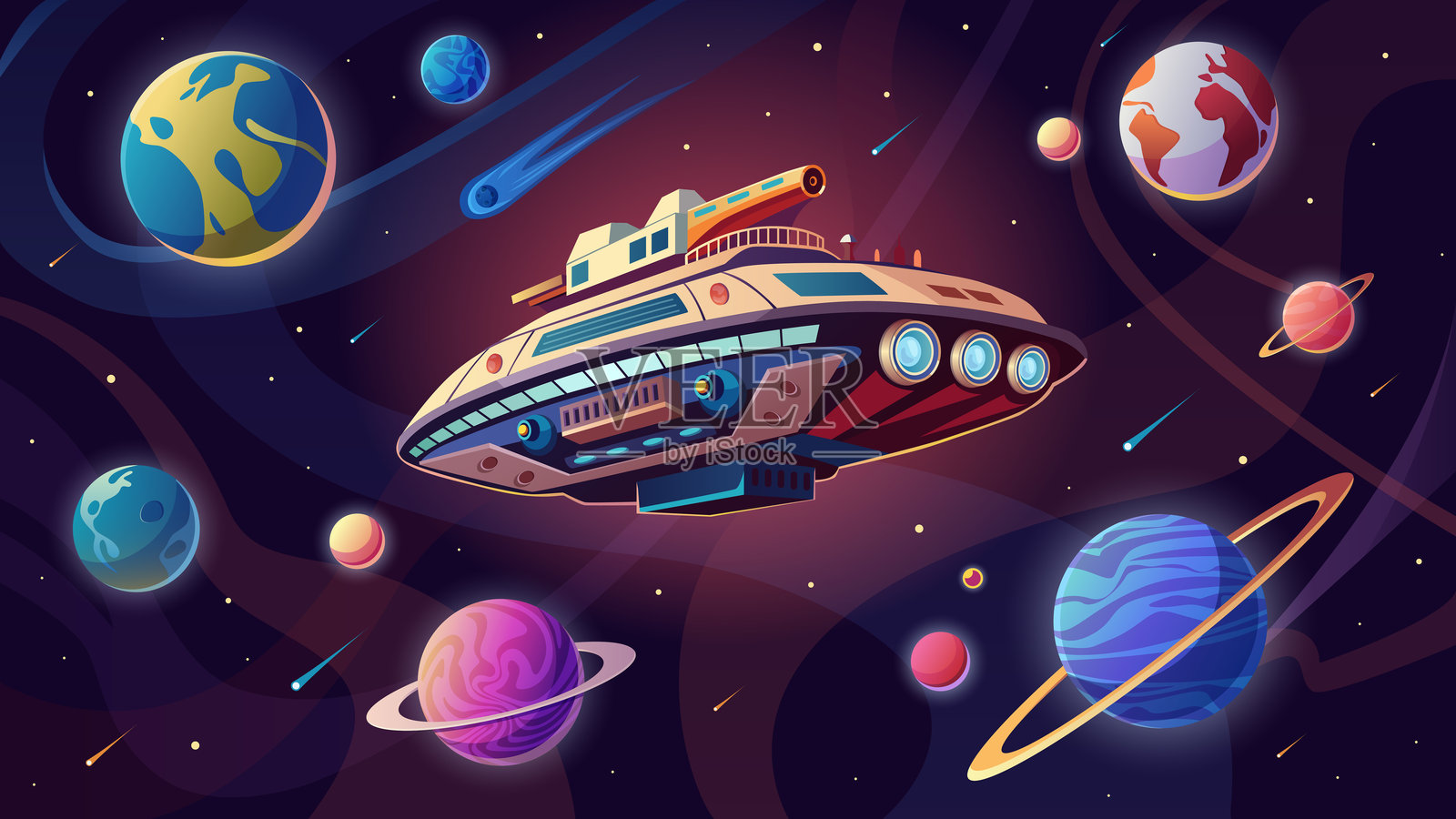 外星飞船在太阳系的行星间飞行，科幻文学插画图片素材