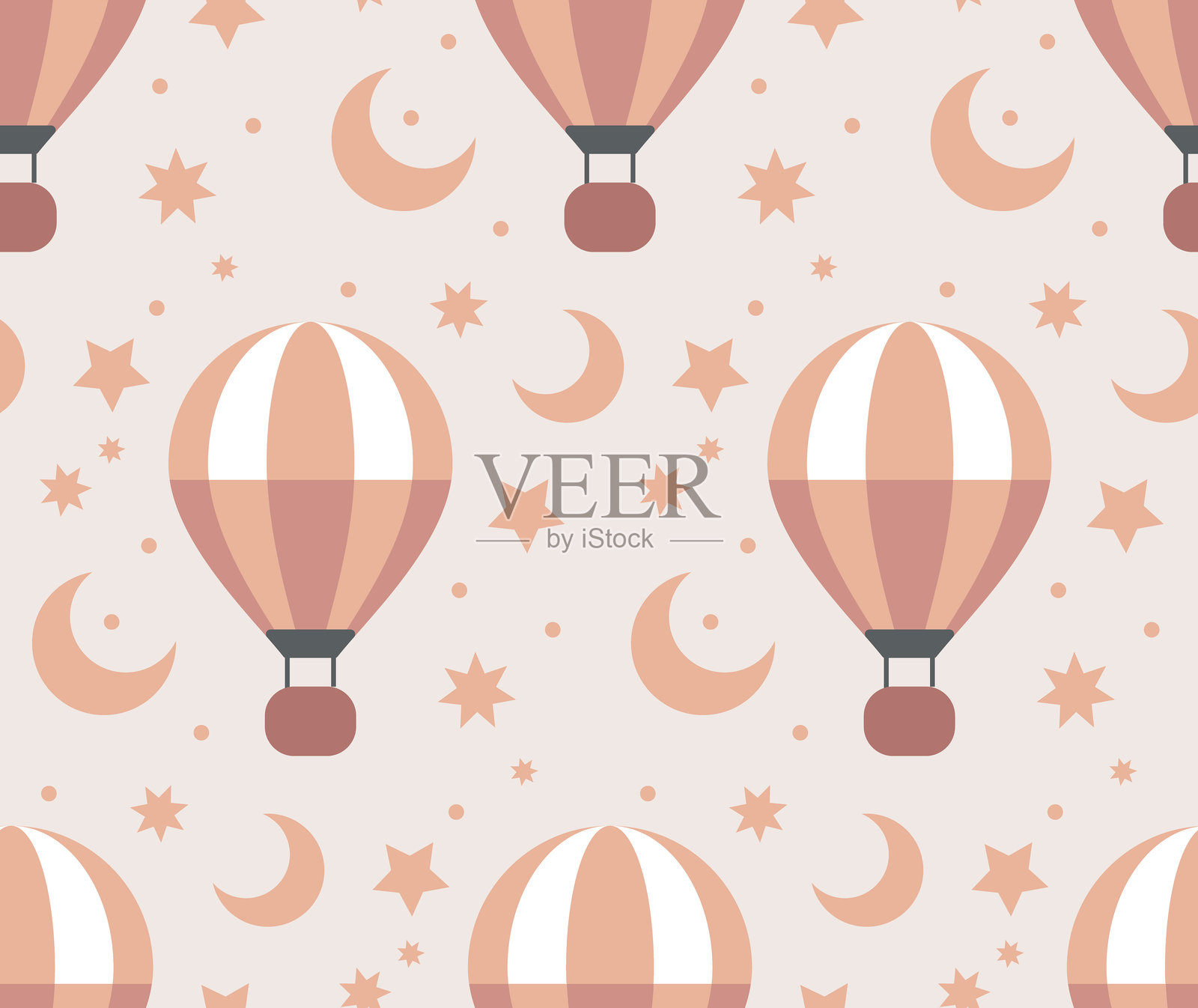 热气球与月亮和星星的无缝图案。柔和色调的热气球设计，库存插图插画图片素材