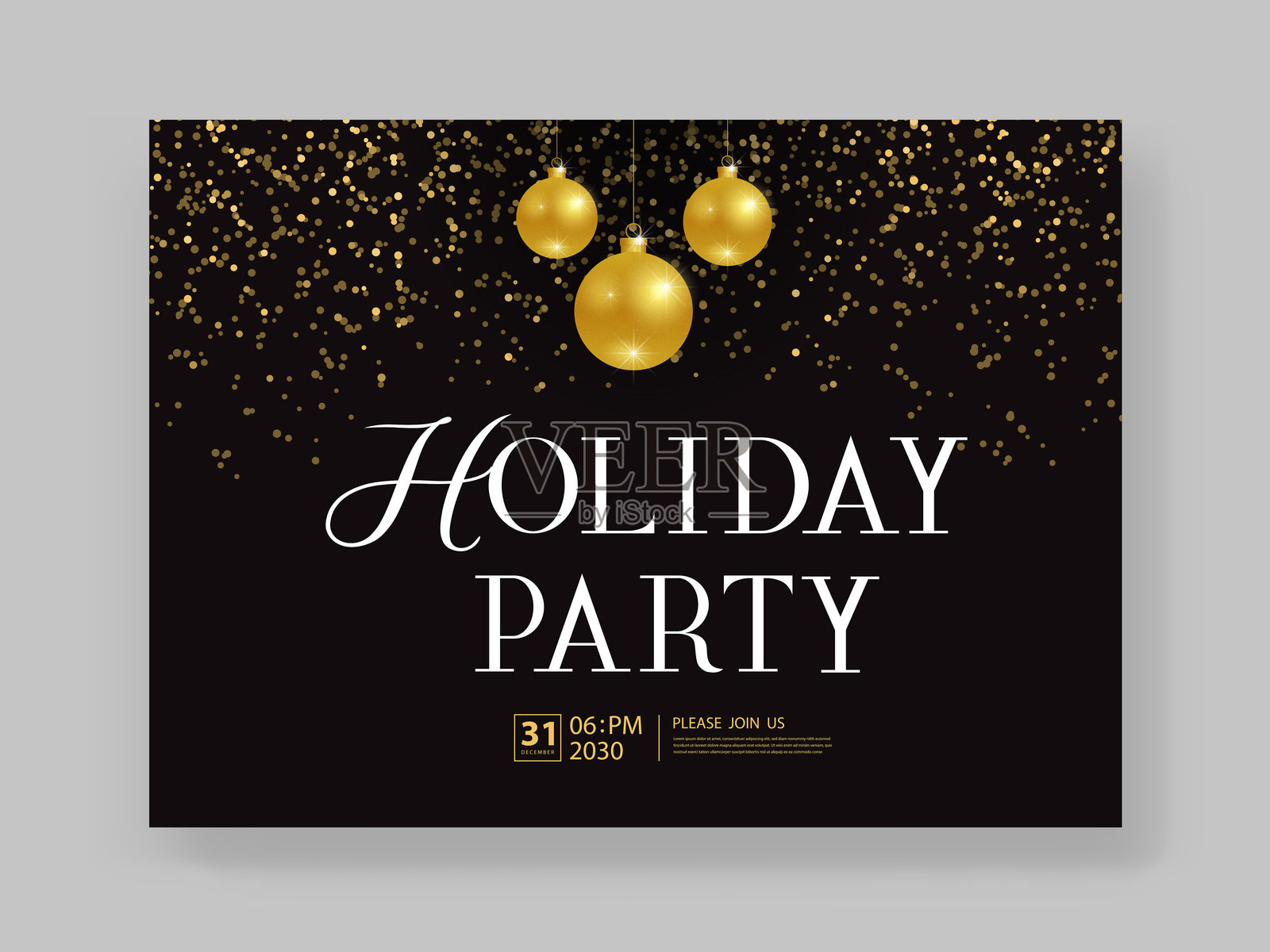 节日派对和新年快乐派对邀请卡设计。传单。海报和贺卡横幅模板概念。金色设计。平面矢量插图。插画图片素材