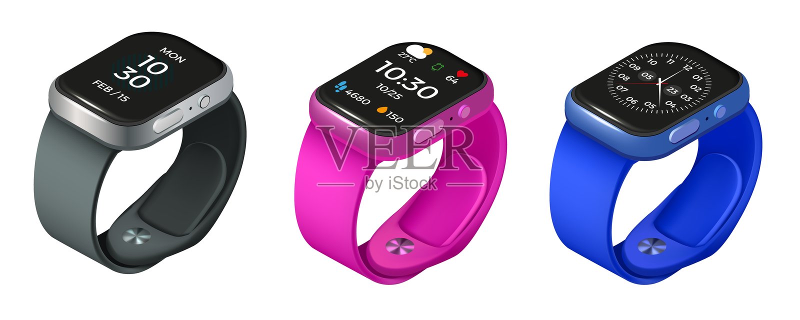 智能手表。等轴测3D智能手表。手腕手环上的电子位钟。移动小工具。计时器表盘。配件屏幕。计时器技术。渲染时计。矢量对象集合。插画图片素材