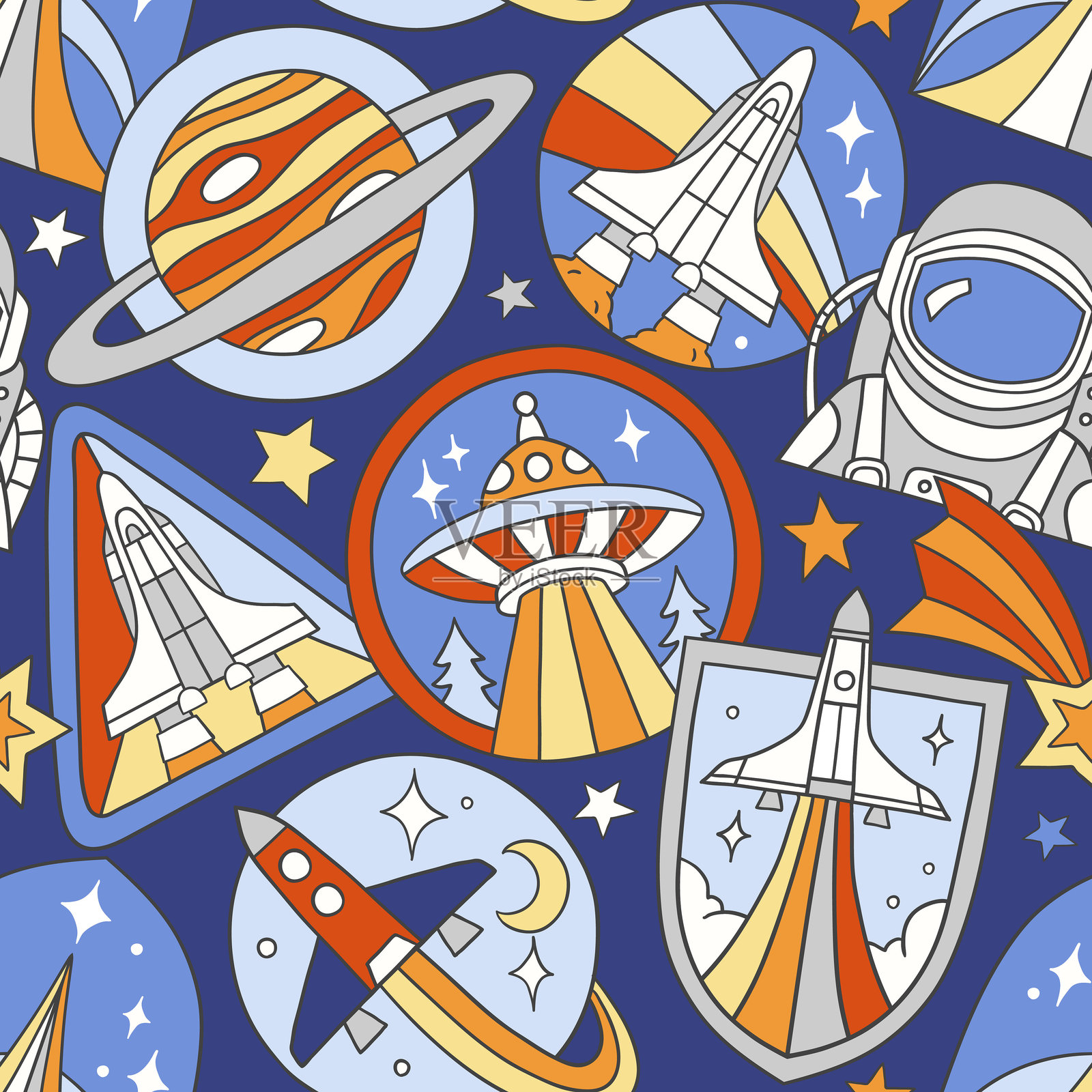 无缝矢量图案，带有复古太空补丁。手绘复古航天器徽章。非常适合纺织品、壁纸或婴儿房印刷设计。EPS10矢量文件。插画图片素材