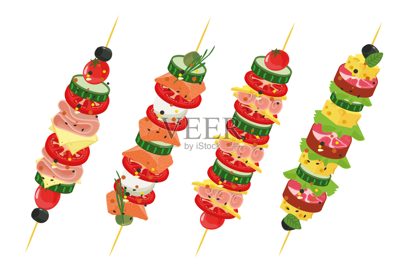 卡通风格的美味食物串。插图展示了用填料制作的串烧：橄榄、樱桃番茄、黄瓜、硬奶酪、香肠、橄榄、马苏里拉奶酪、生菜和香料。插画图片素材