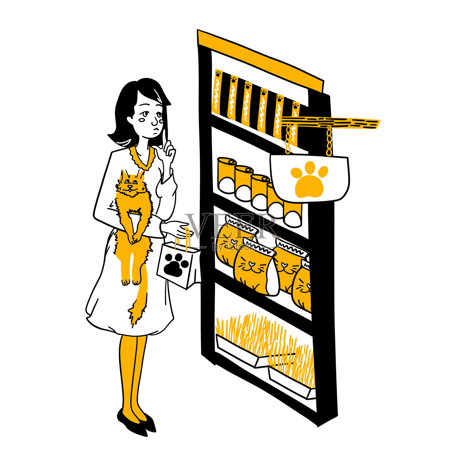 女孩与猫咪在宠物店思考购物。她手里拿着装有小猫的纸袋，思绪在兽医商店的食品货架旁游荡。手绘卡通线条平面插图，独立于白色背景。插画图片素材