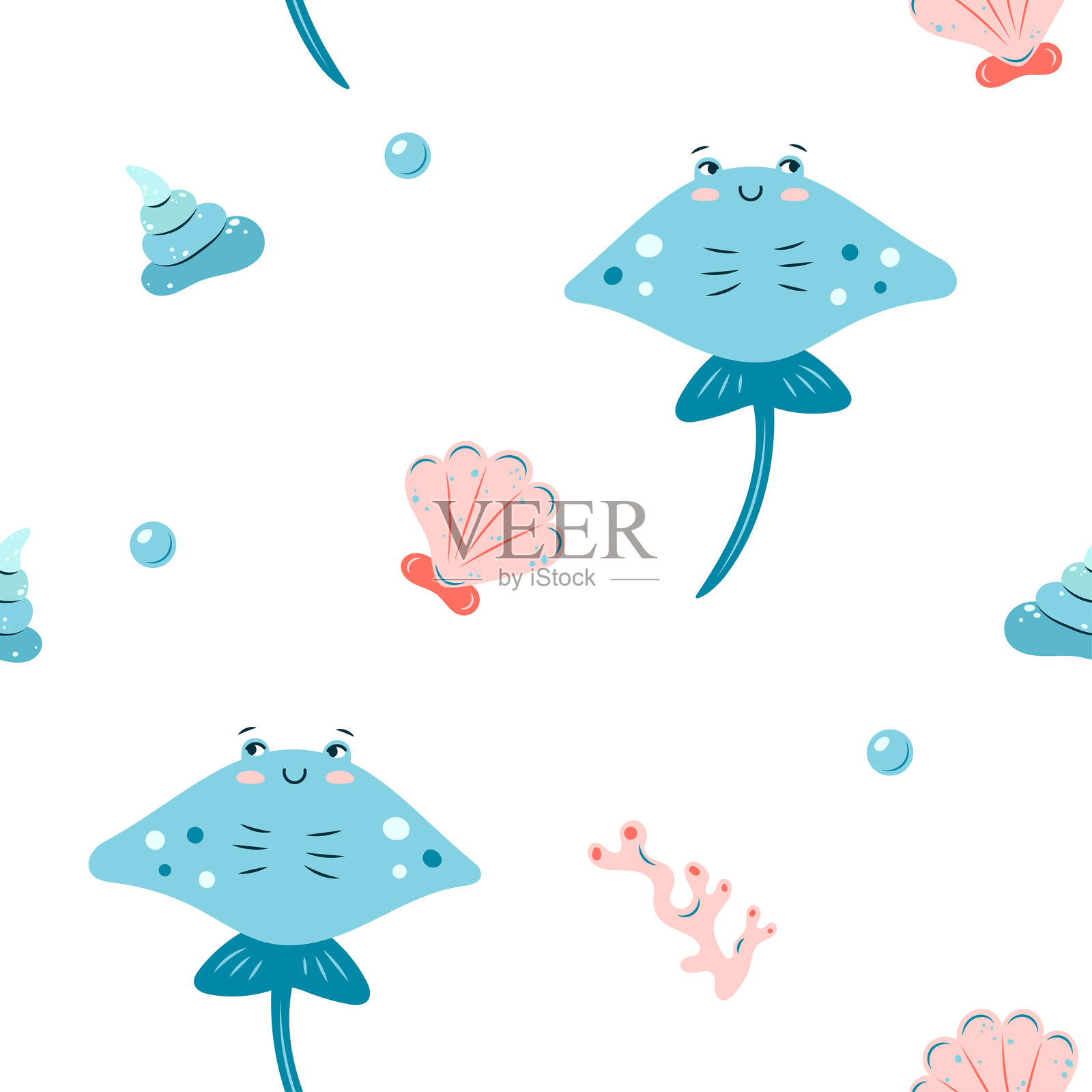 无缝海洋生物图案。白色背景上的黄貂鱼。矢量插图。插画图片素材