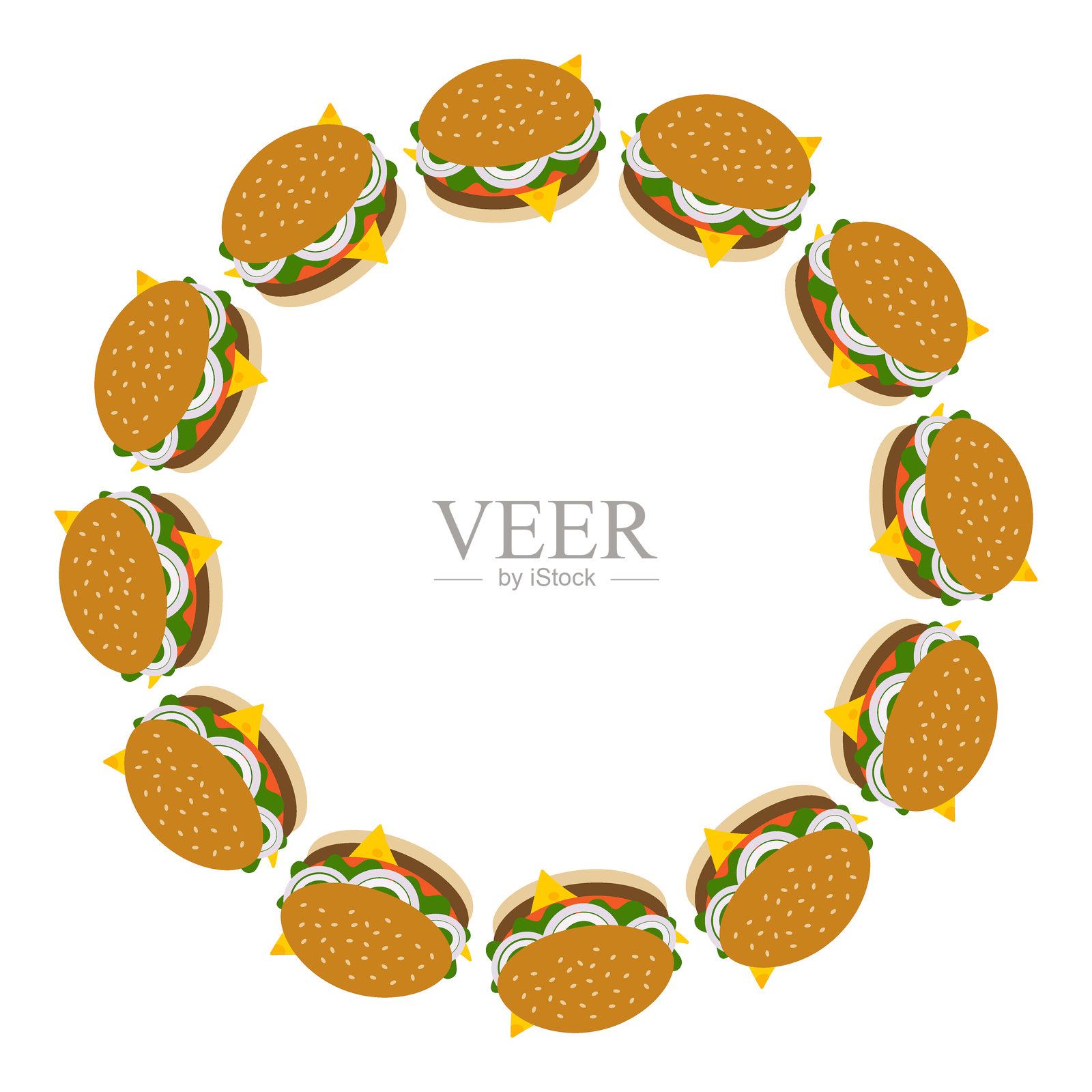 汉堡包配奶酪、肉饼、生菜、番茄片和洋葱圈，圆形边框，汉堡包日插画图片素材
