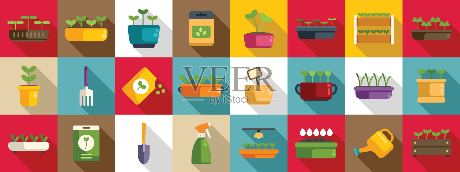 微型绿植生长图标集平面向量。种植在花盆中。插画图片素材