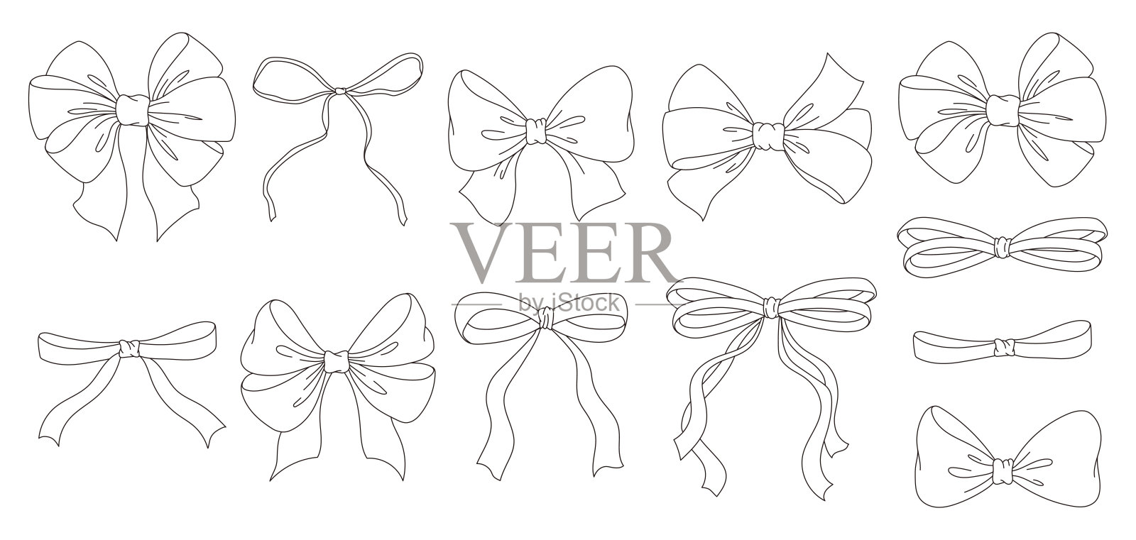 一组素描的蝴蝶结和丝带。手绘复古线条艺术插图。插画图片素材