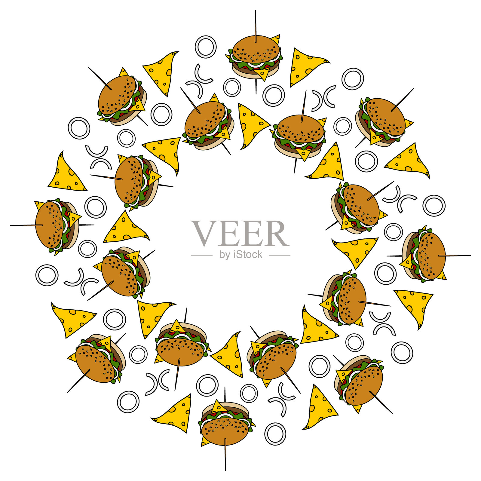 汉堡串，奶酪、洋葱、生菜，芝麻面包，圆形边框。快餐日模板插画图片素材