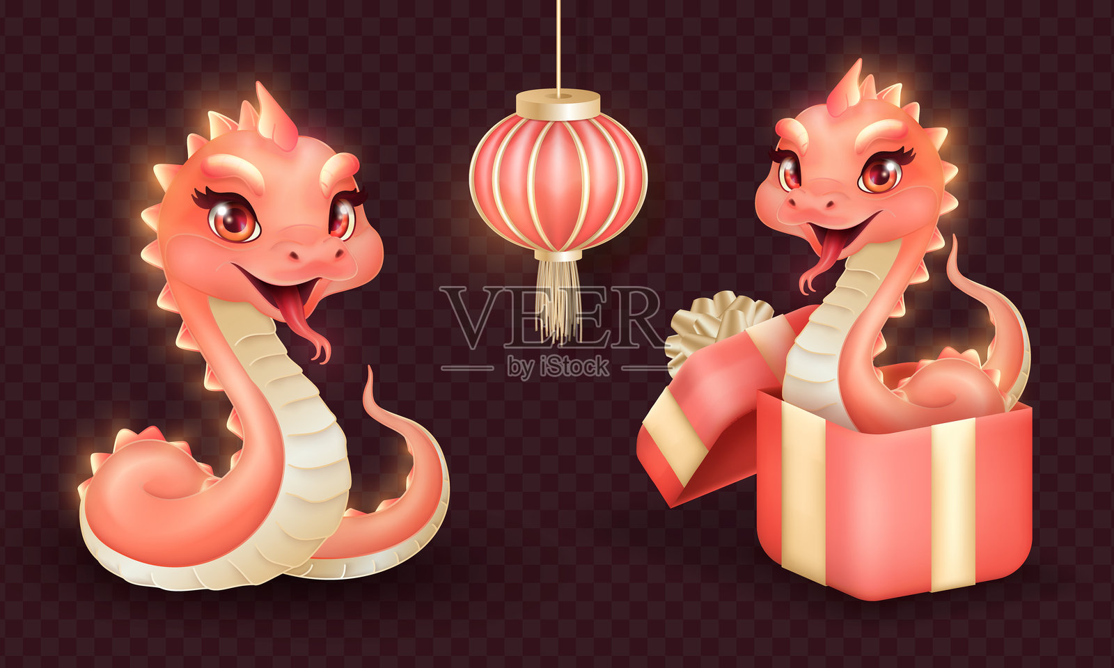 一组可爱的3D粉色2025年春节物品 - 发光的卡哇伊蛇、礼品盒和中国灯笼插画图片素材