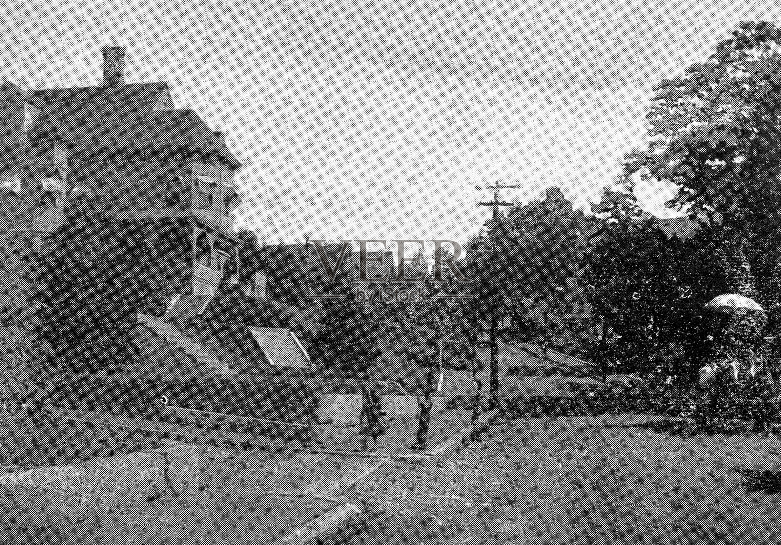 马萨诸塞州伍斯特及周边的古董图片：费奇堡的花街插画图片素材