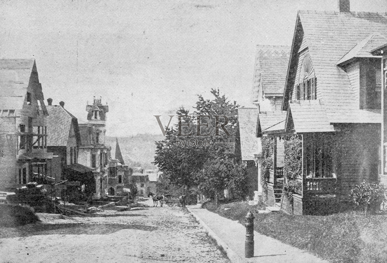 马萨诸塞州伍斯特及周边的古董图片：文顿山街插画图片素材