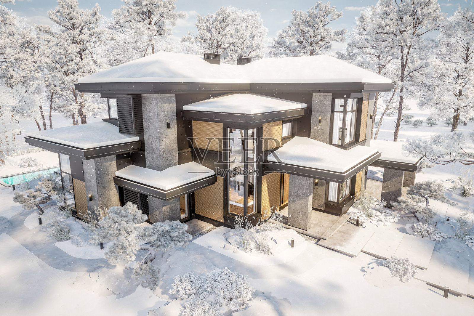 现代两层房屋的3D渲染，灰色和木质装饰，冬季白天照片摄影图片