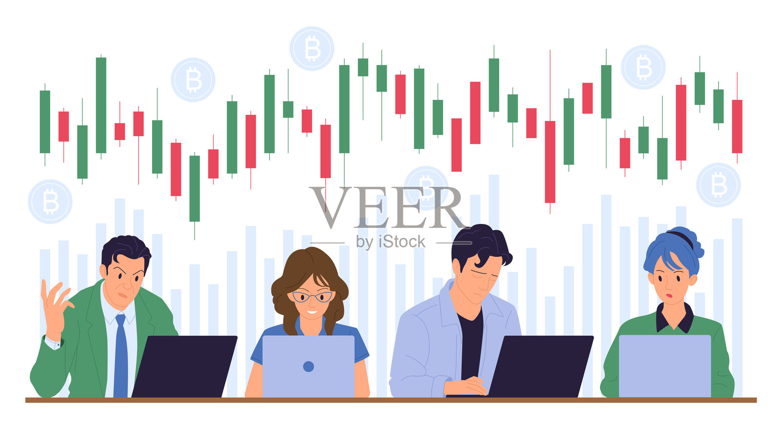 快乐与悲伤的比特币投资者坐在笔记本电脑前，面临加密货币市场的输赢。插画图片素材