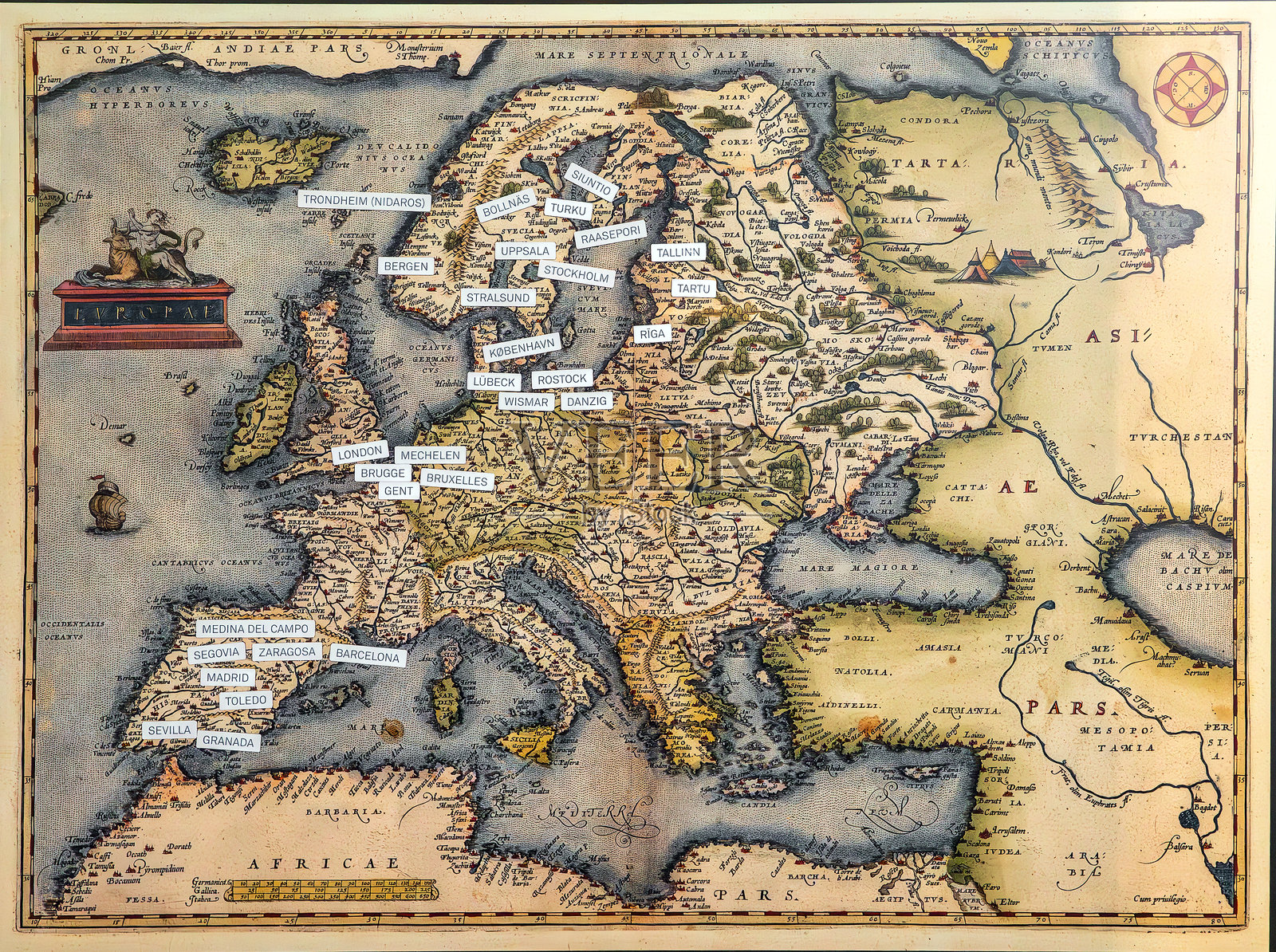 亚伯拉罕·奥尔特留斯于1572年制作的欧洲地图。照片摄影图片