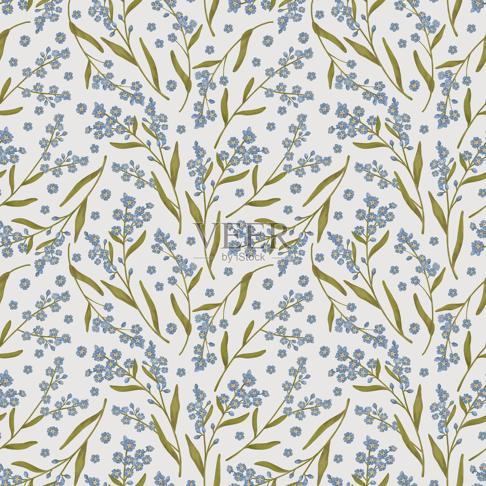 勿忘我花卉无缝图案。细腻的小蓝色水彩花朵在柔和的中性色调中重复背景。优雅的植物插图。插画图片素材
