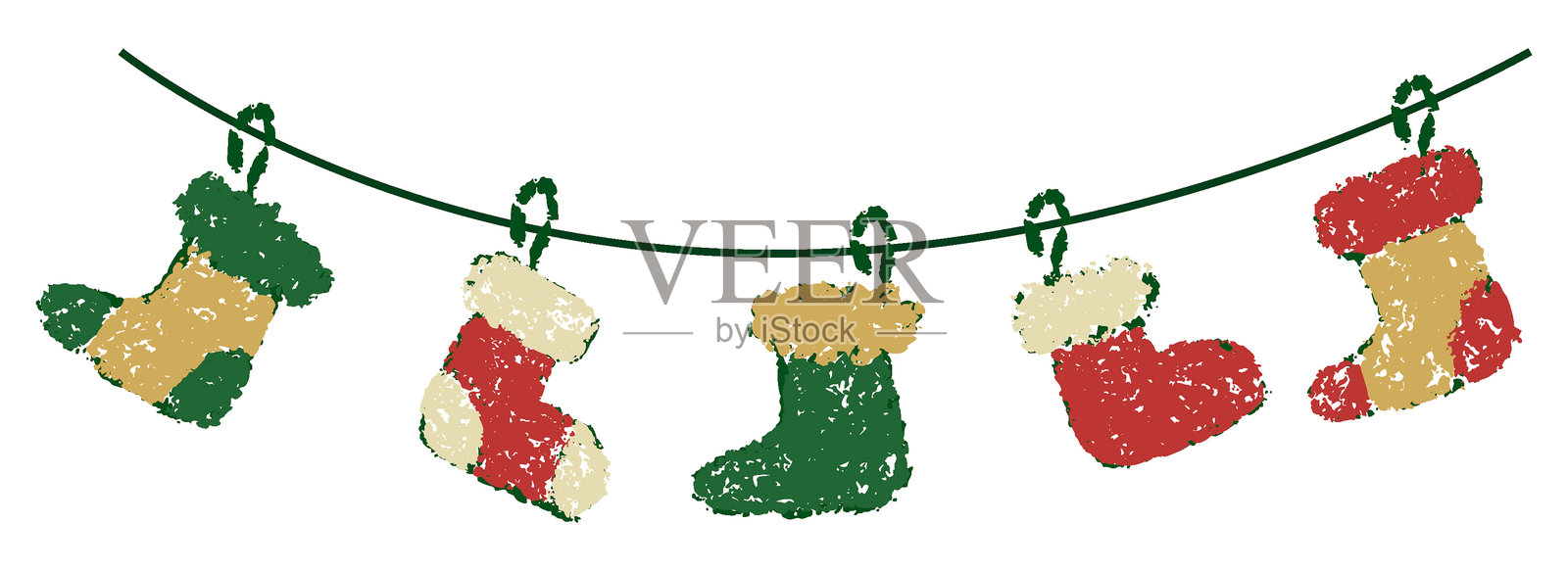 圣诞袜子挂着圣诞老人袜子蜡笔装饰矢量图。儿童节日传统，配有可爱的节日礼物和服装装饰。孩子们的铅笔画风格，适合用于孤立的粗糙花环。插画图片素材