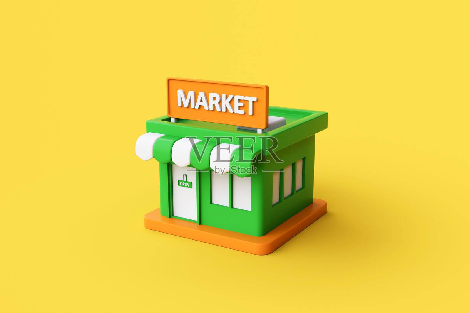 黄色背景上的超市3D渲染图。照片摄影图片