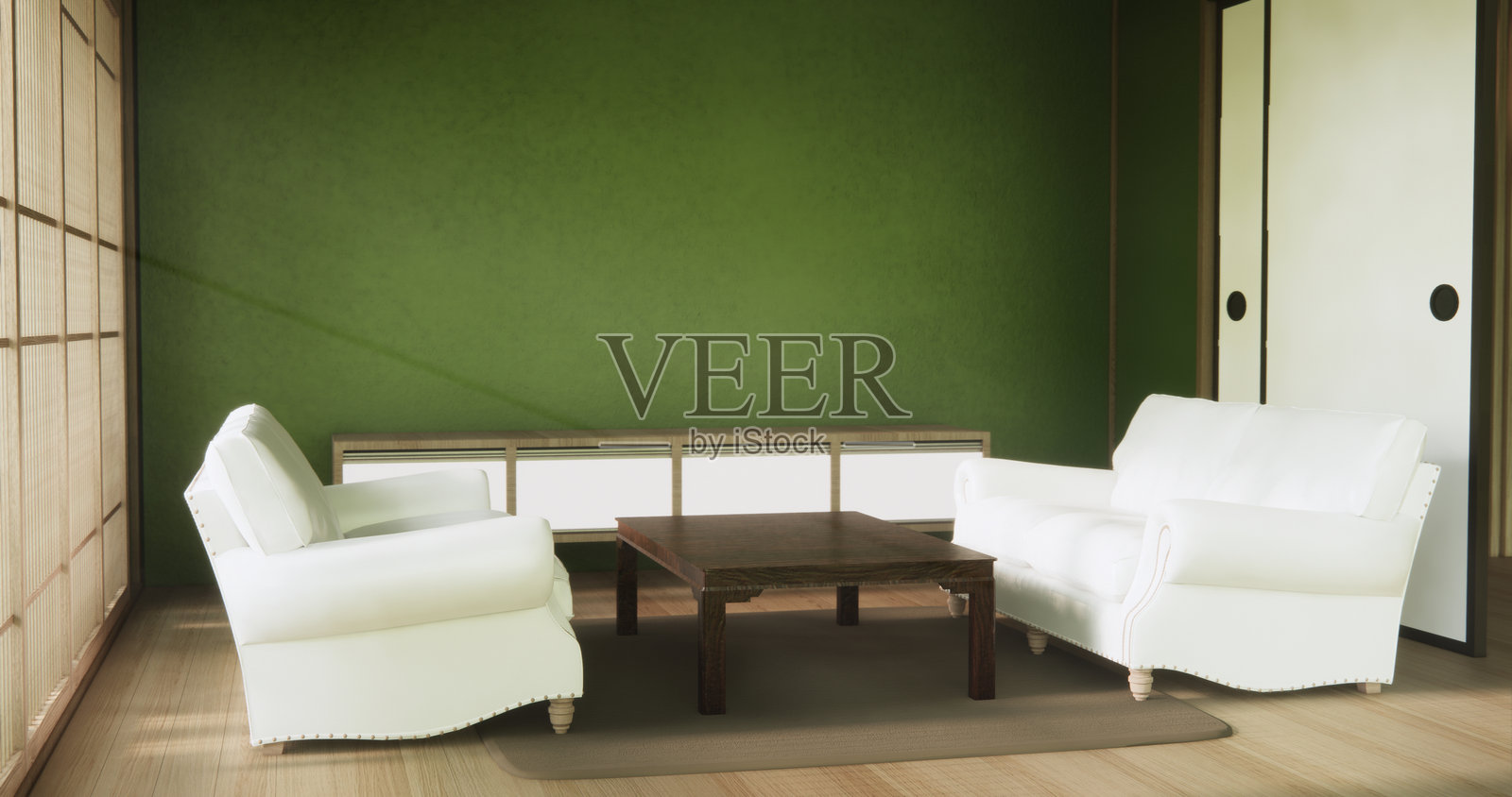 Sofa and low table in living room Japanese style. 3D rendering照片摄影图片