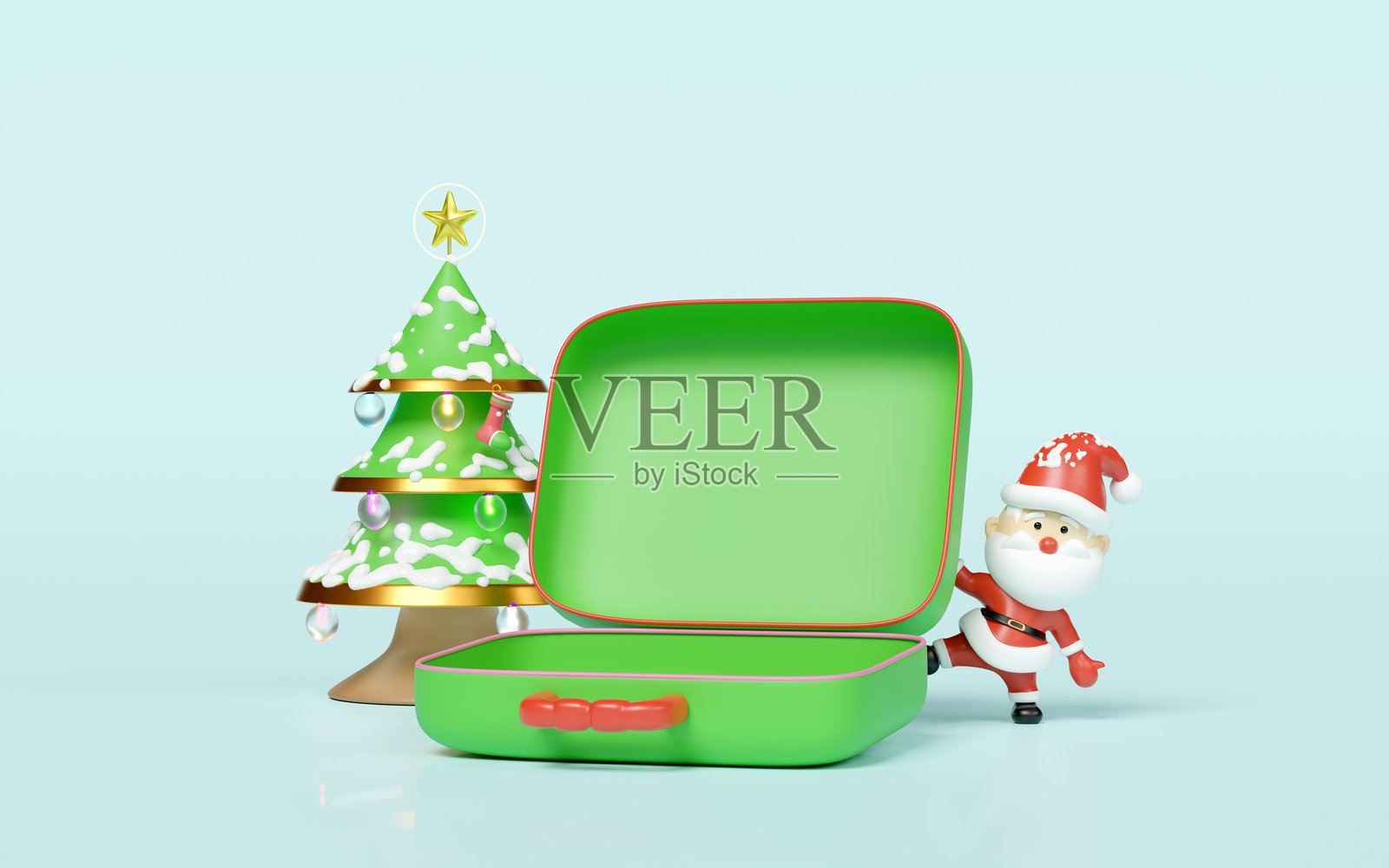 3D打开的空行李箱，里面有圣诞老人、圣诞树、灯和装饰品，背景为蓝色。圣诞快乐和节日新年旅行概念，3D插图渲染。照片摄影图片