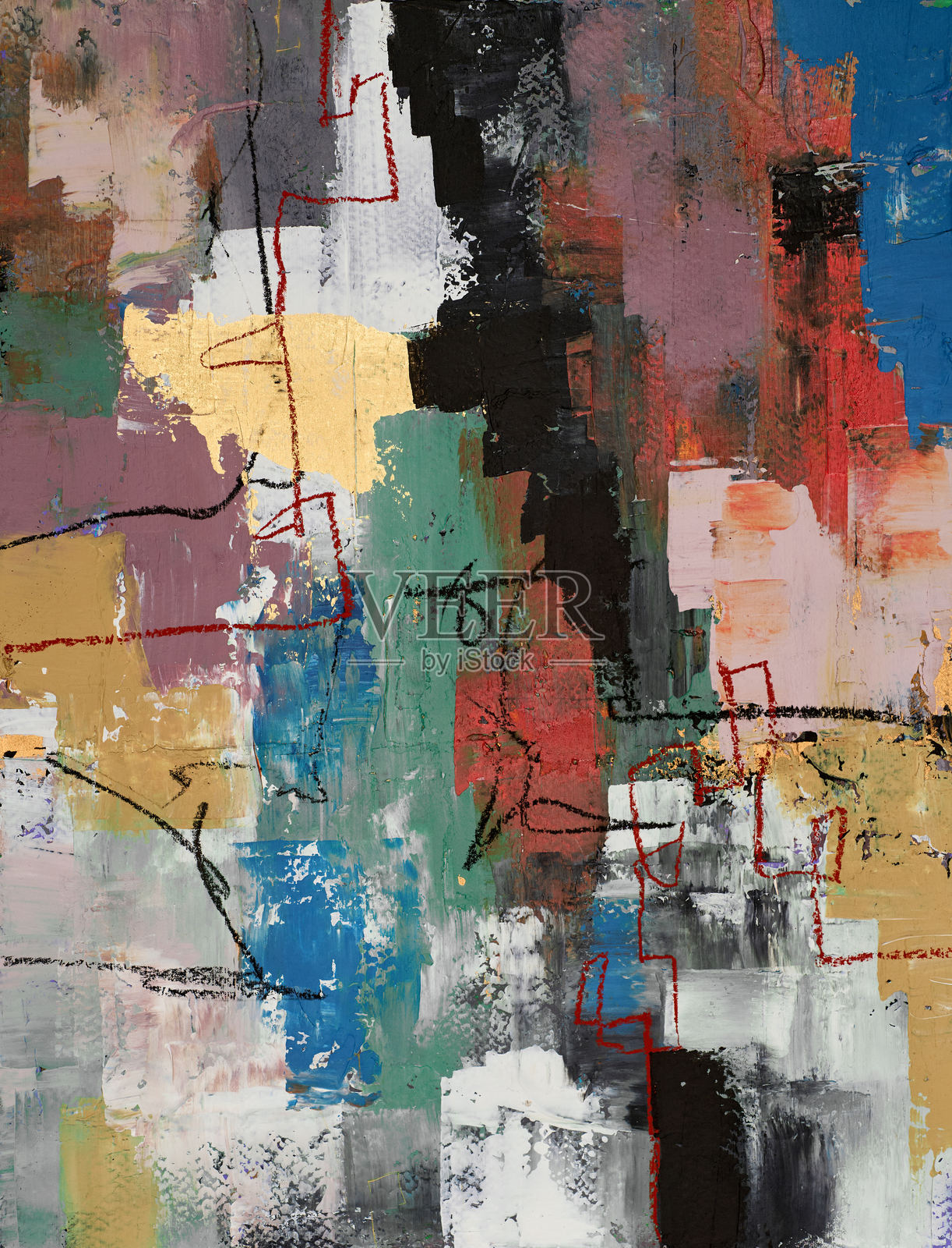 充满活力的现代印象派抽象画，采用动态笔触手绘而成。作品质感丰富，层次深厚，展现出独特的色彩融合，非常适合现代装饰。照片摄影图片