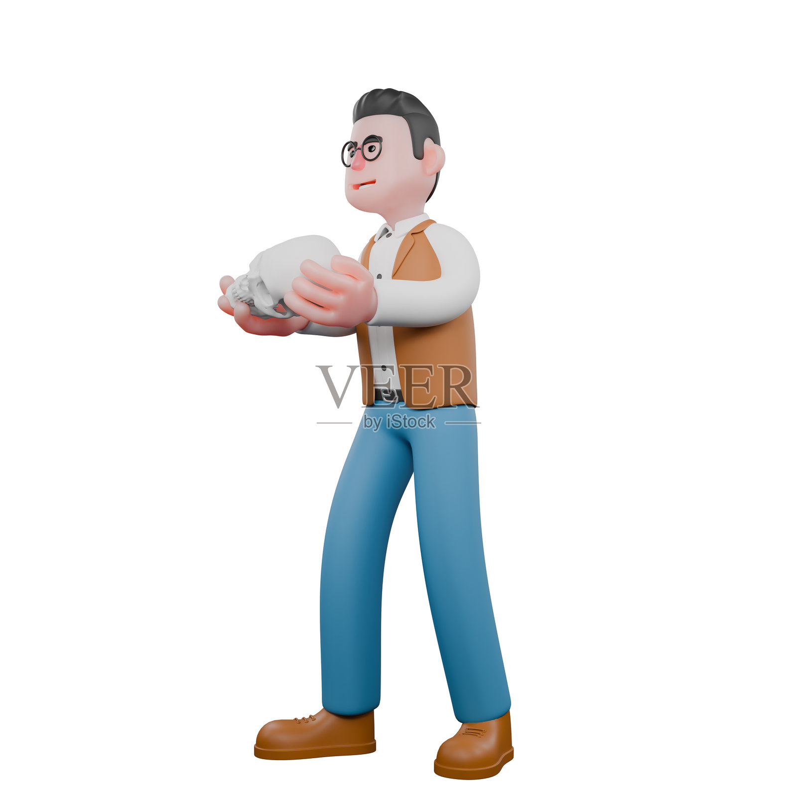 专业男性人类学家的3D插图。一位男性人类学家一边走一边携带着一个人类头骨。文化照片摄影图片