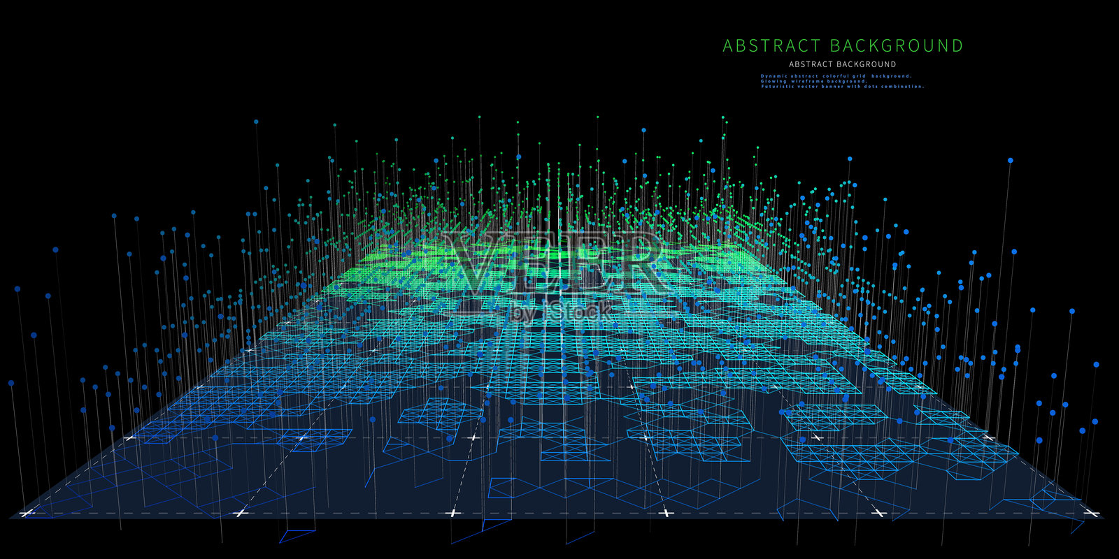 黑色背景上的彩色多边形网格和数据线的抽象图形。技术概念分析数据。适用于商业、科学和技术数据分析的横幅。大数据。插画图片素材