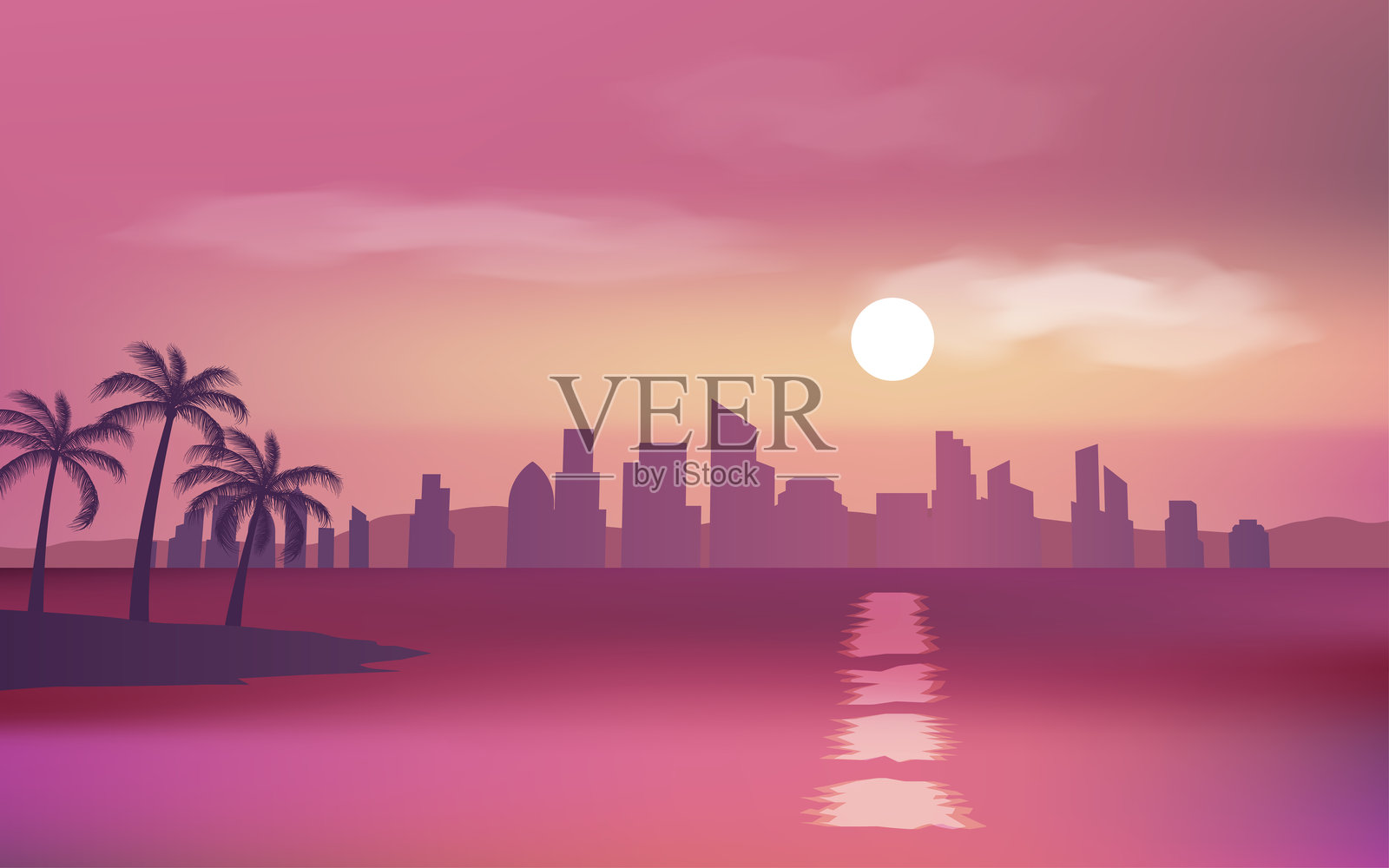 棕榈树和海滩背景下的城市天际线剪影景观插画图片素材