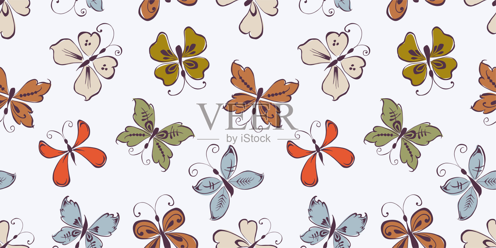 无缝图案的轮廓装饰飞舞的蝴蝶，矢量背景，纸张，纺织品，包装，壁纸，面料插画图片素材