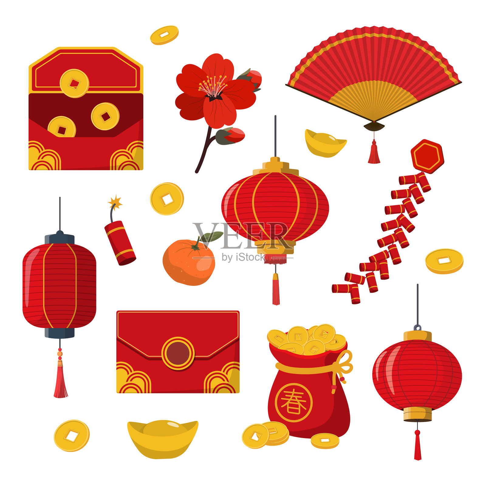 传统中国节日收藏。卡通亚洲红色纸灯笼、金币和其他节日元素插画图片素材