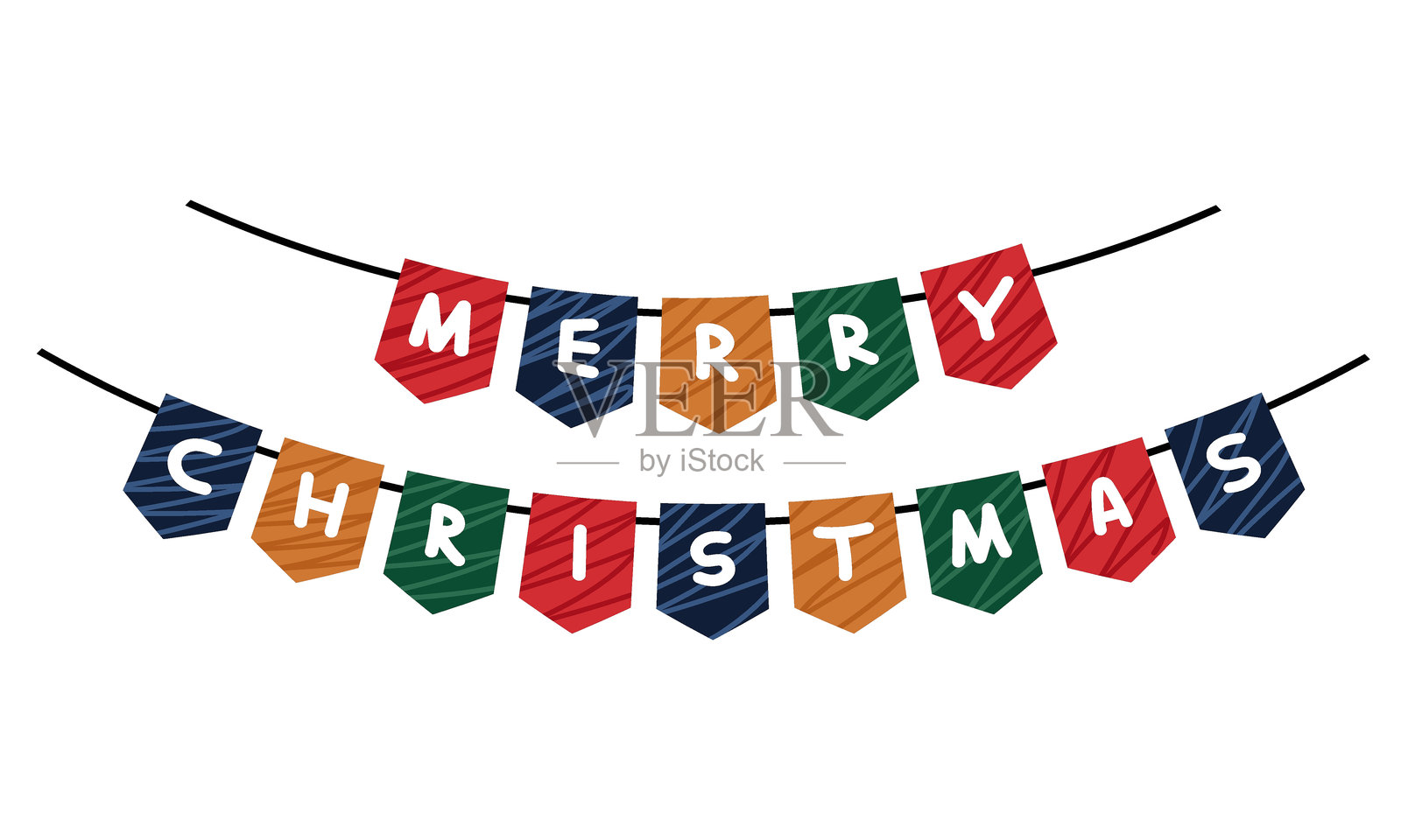 色彩缤纷、欢快的圣诞彩旗，完美适合节日装饰和节日项目。圣诞快乐字样。矢量图。透明背景。条纹彩旗。插画图片素材