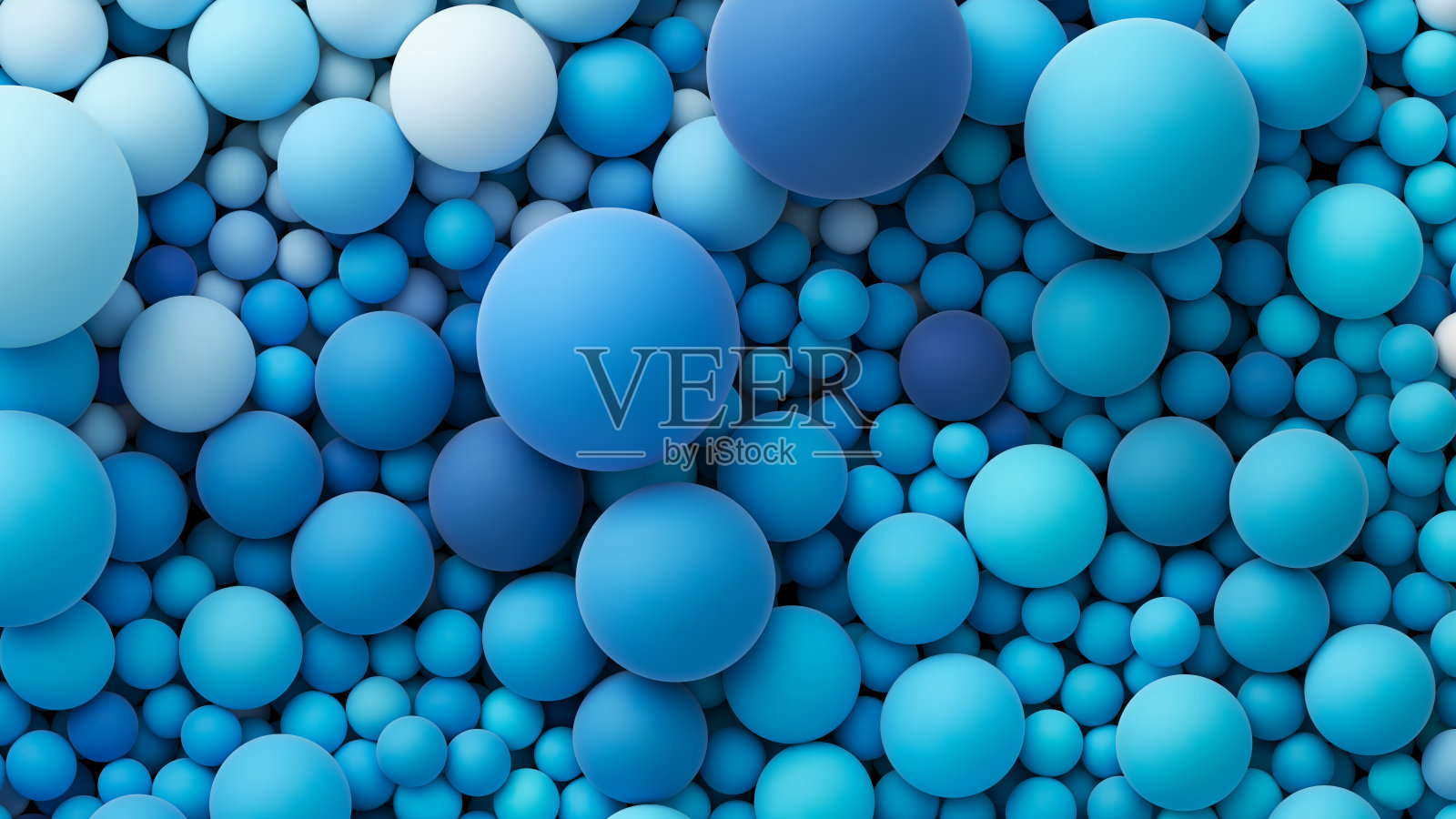 许多海洋蓝色明亮的随机软球背景。儿童节的五彩气球墙面装饰。各种大小的蓝色平滑渐变球的大堆。矢量背景。插画图片素材