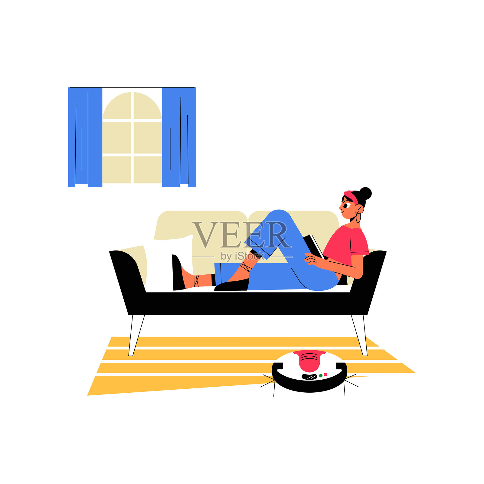 女性在家中与机器人吸尘器放松，扁平化矢量插图象征现代科技、舒适与自动化，背景为白色。插画图片素材